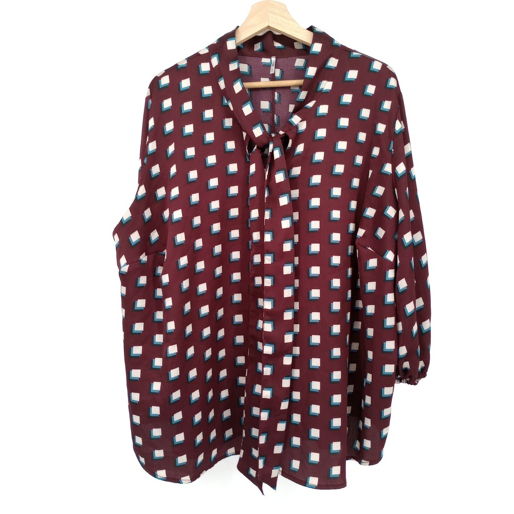 3RD AND MALT Tie Neck Blouse Womens 2X Burgundy Geometric Print 3/4 Sleeve